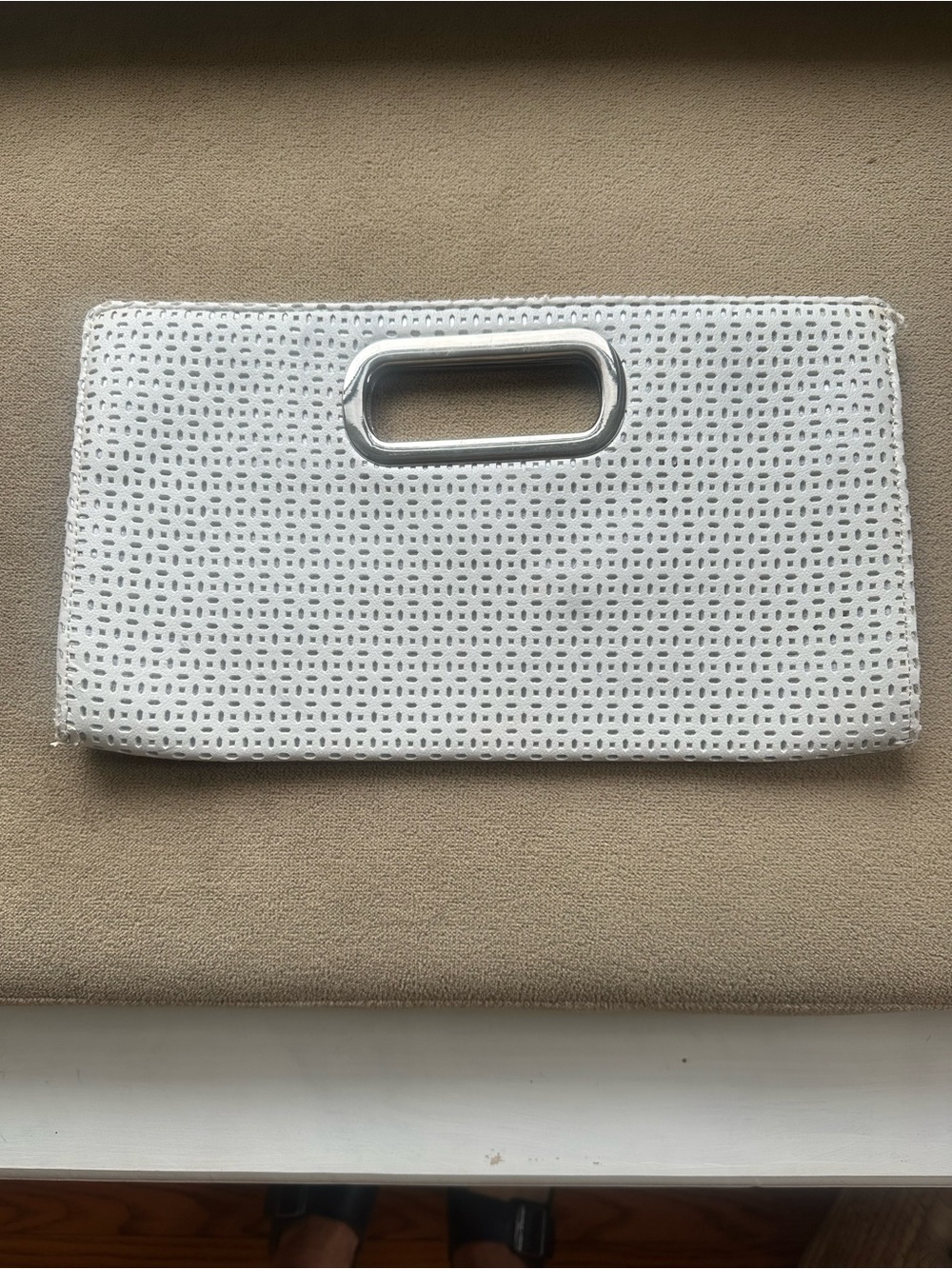 Express White Perforated Rectangle Clutch with Silver Handle